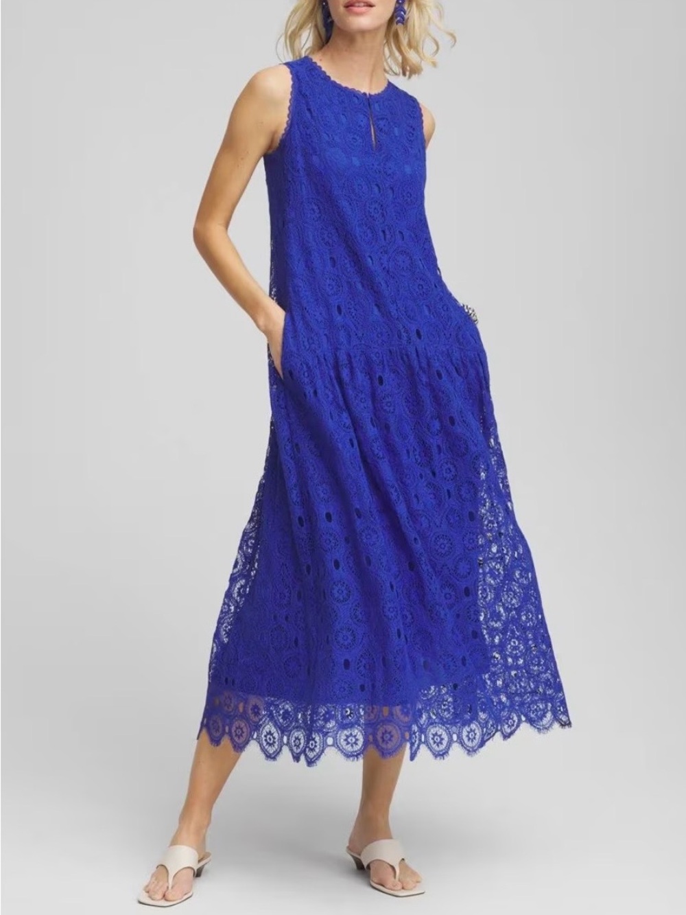 Chico's Maxi Dress Medallion Lace Size 8 Cobalt Blue Women Sleeveless Eyelet
